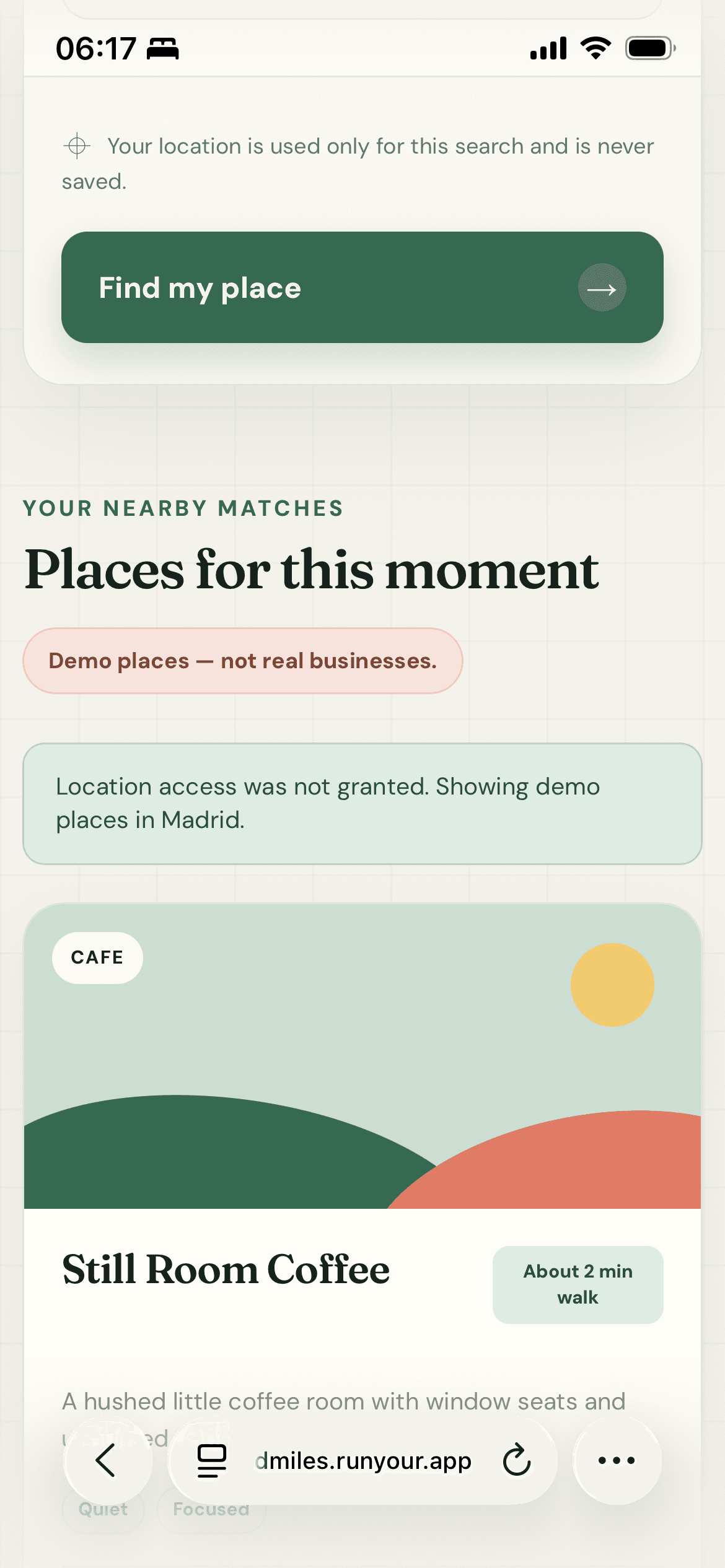MoodMiles showing fictional nearby places in a mobile browser