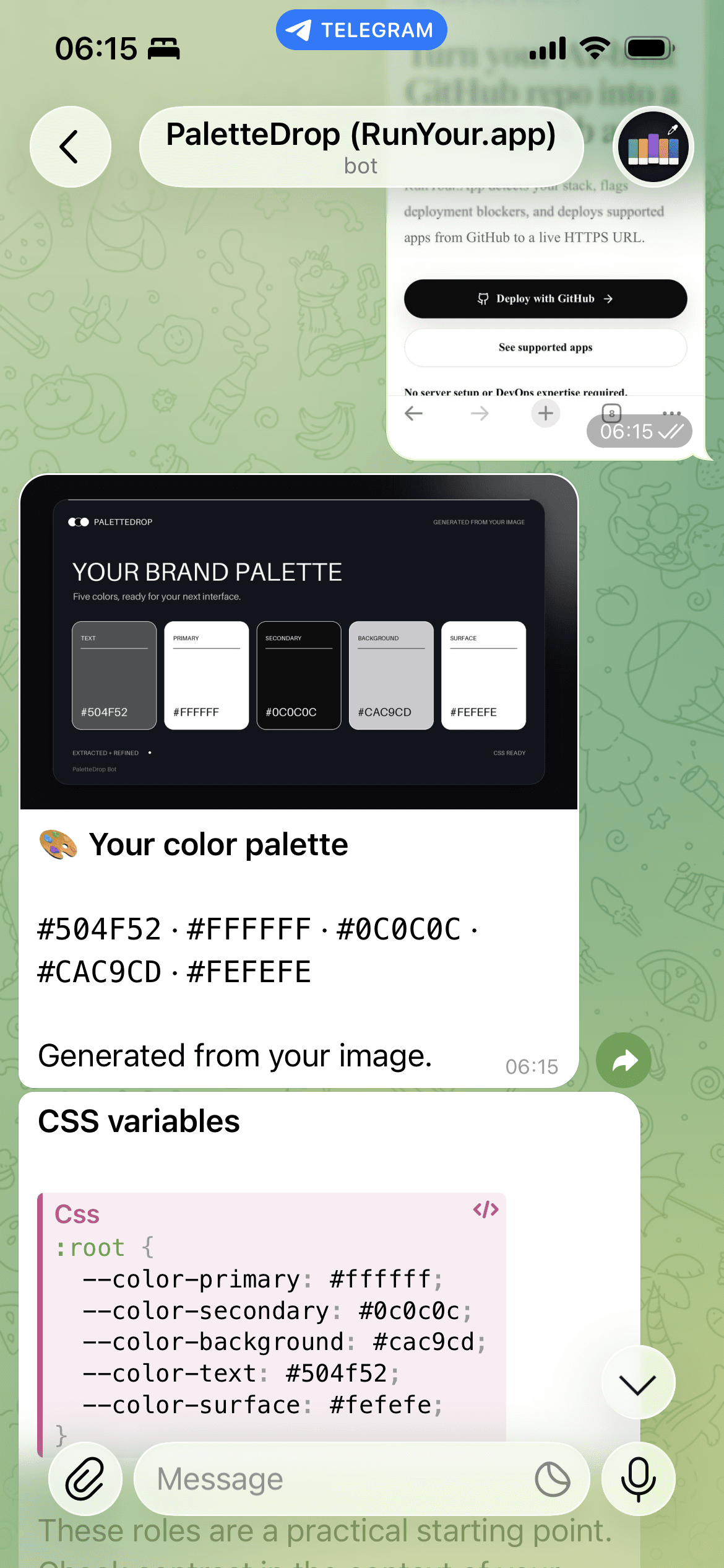 PaletteDrop bot replying with a generated color palette in Telegram