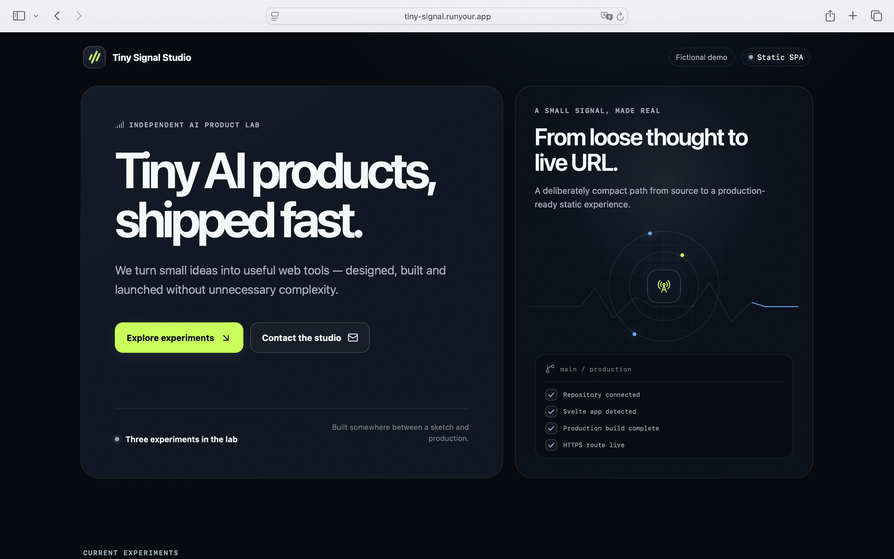 Tiny Signal Studio open at tiny-signal.runyour.app in a desktop browser